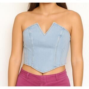 Bobbles & Lace Break Free Faded Denim Cropped Tube Corset Top Blue Small
